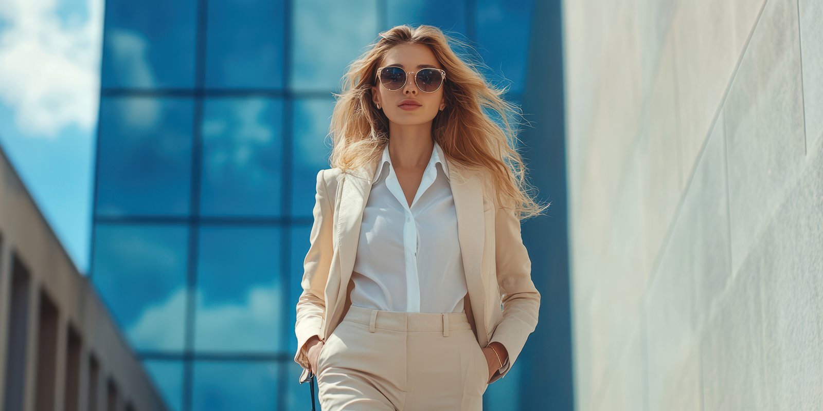 Professional woman walking confidently on a sunny day in an urban setting wearing a stylish suit and sunglasses